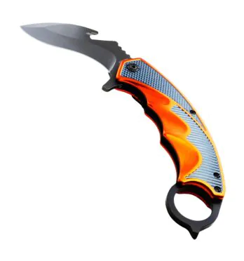 Canivete Karambit Curvado C/ Clip Laranja de frente tabacaria da mata