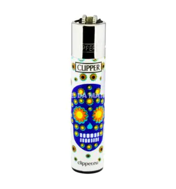 Isqueiro Clipper Happy Skulls de frente tabacaria da mata