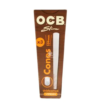 Cones OCB Slim Unbleached Pré-Enrolados de frente na embalagem
